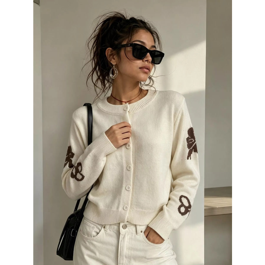 Floral Crew Neck Cropped Knit Cardigan White / One Size Apparel and Accessories