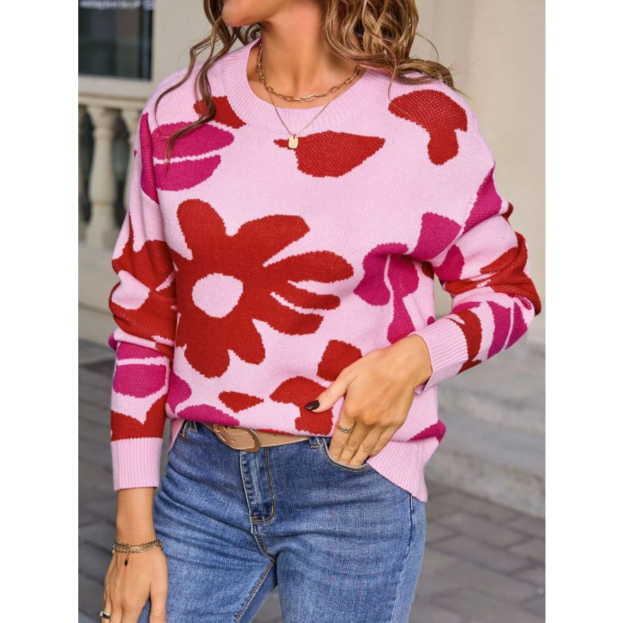 Floral Crew Neck Long Sleeve Sweater Apparel and Accessories
