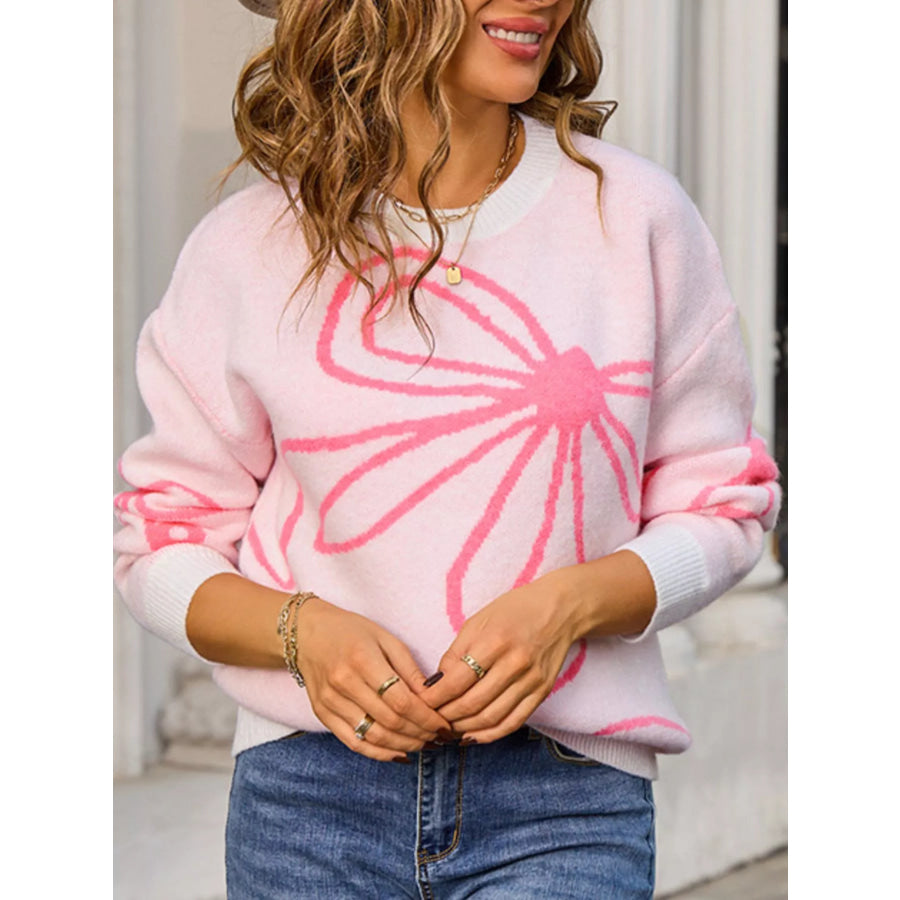 Floral Crew Neck Long Sleeve Sweater Apparel and Accessories