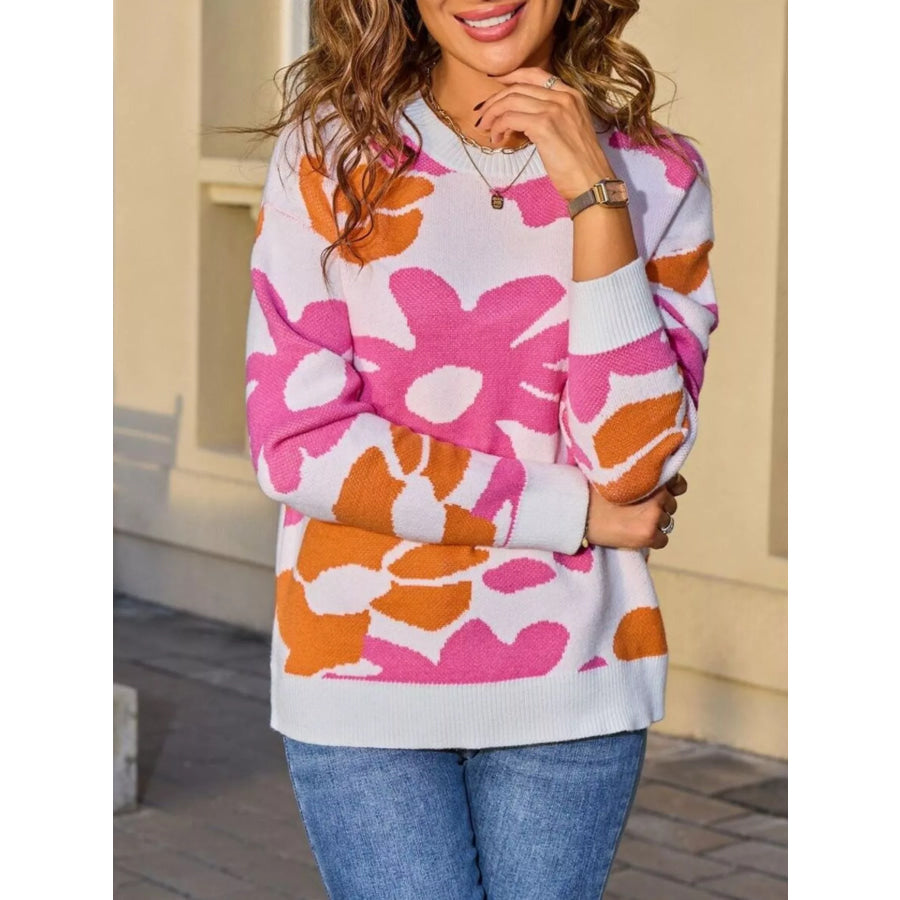 Floral Crew Neck Long Sleeve Sweater Apparel and Accessories
