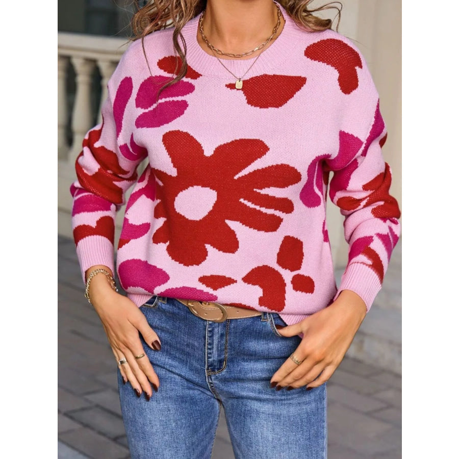 Floral Crew Neck Long Sleeve Sweater Apparel and Accessories