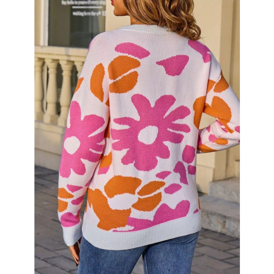 Floral Crew Neck Long Sleeve Sweater Apparel and Accessories