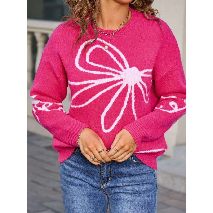 Floral Crew Neck Long Sleeve Sweater Apparel and Accessories