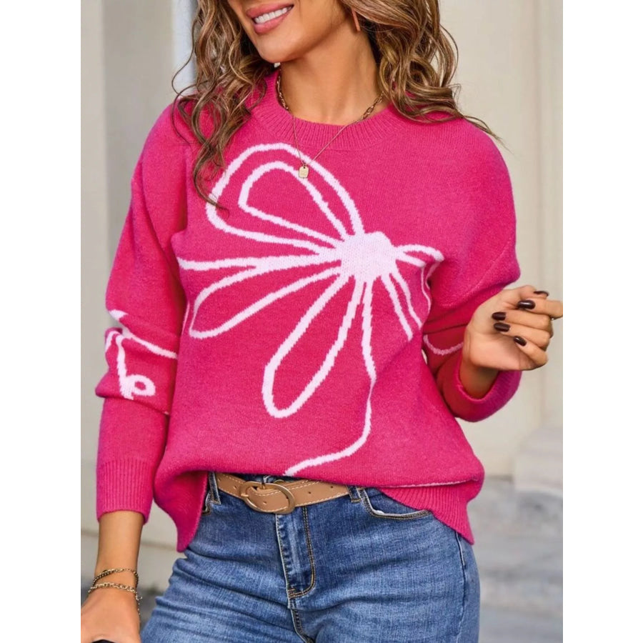 Floral Crew Neck Long Sleeve Sweater Apparel and Accessories
