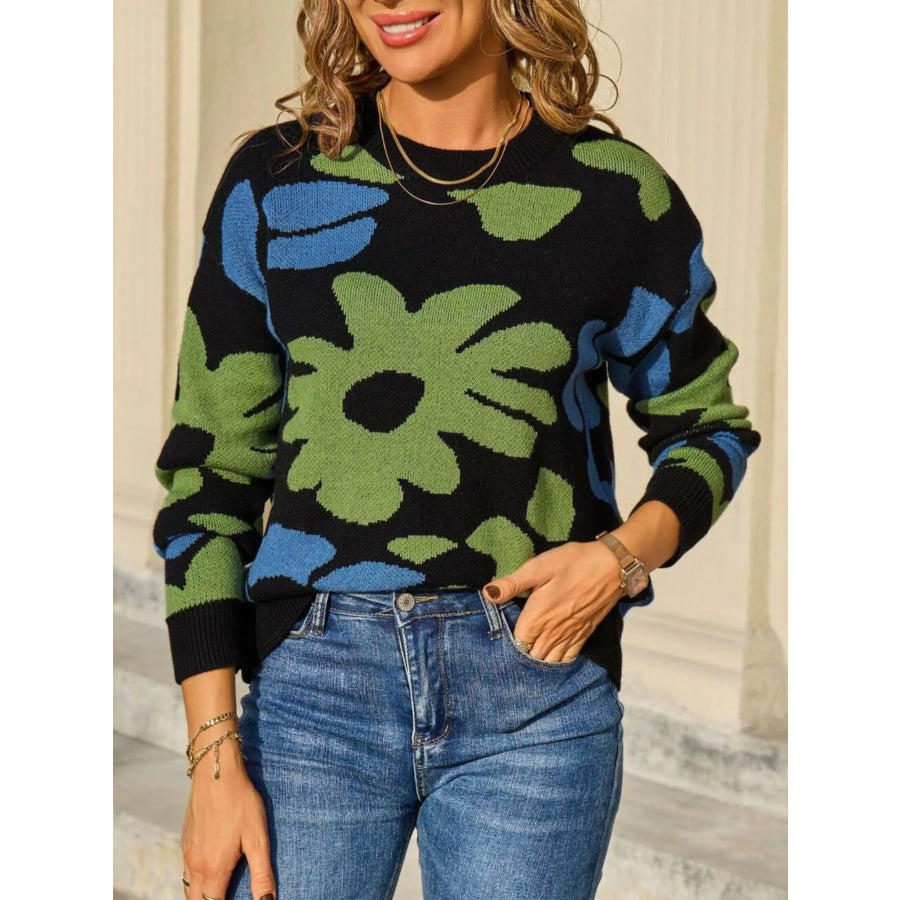 Floral Crew Neck Long Sleeve Sweater Apparel and Accessories