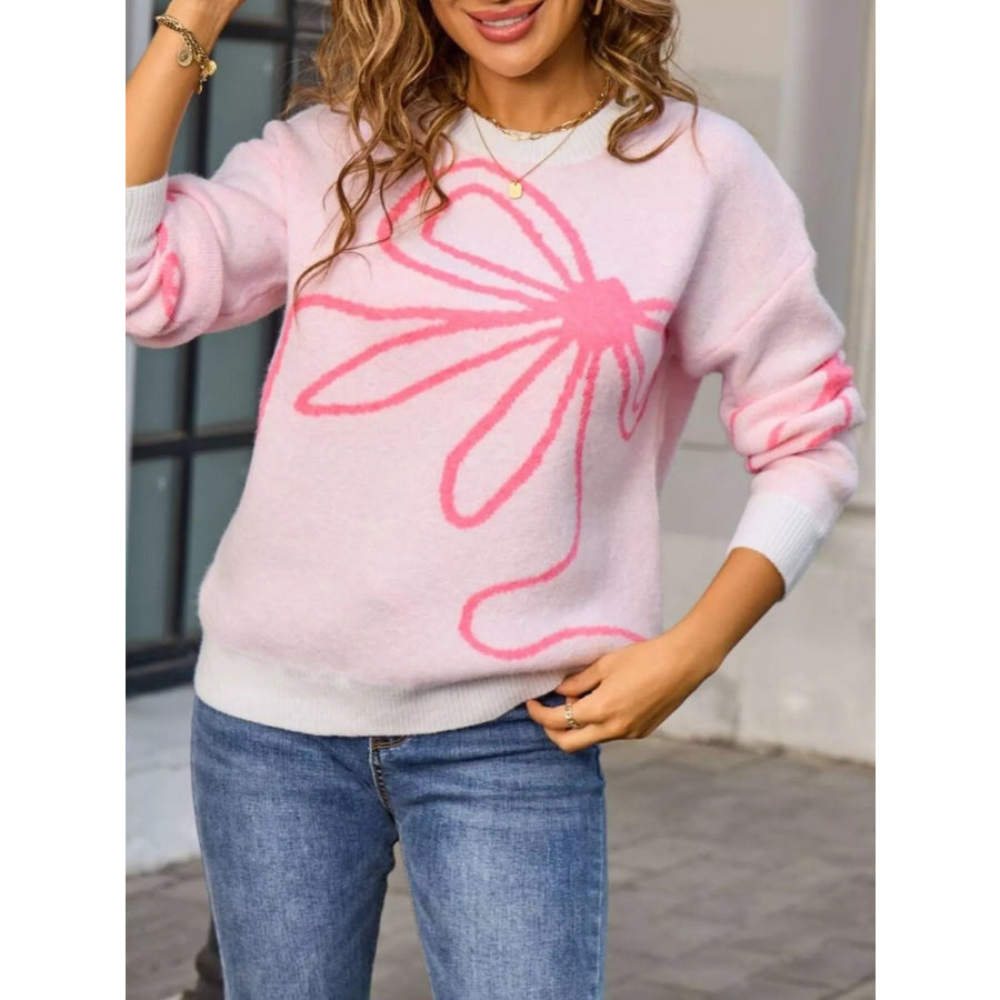 Floral Crew Neck Long Sleeve Sweater Apparel and Accessories
