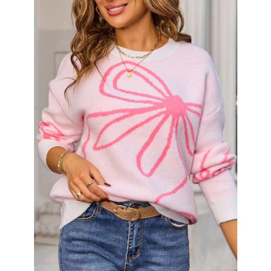 Floral Crew Neck Long Sleeve Sweater Apparel and Accessories