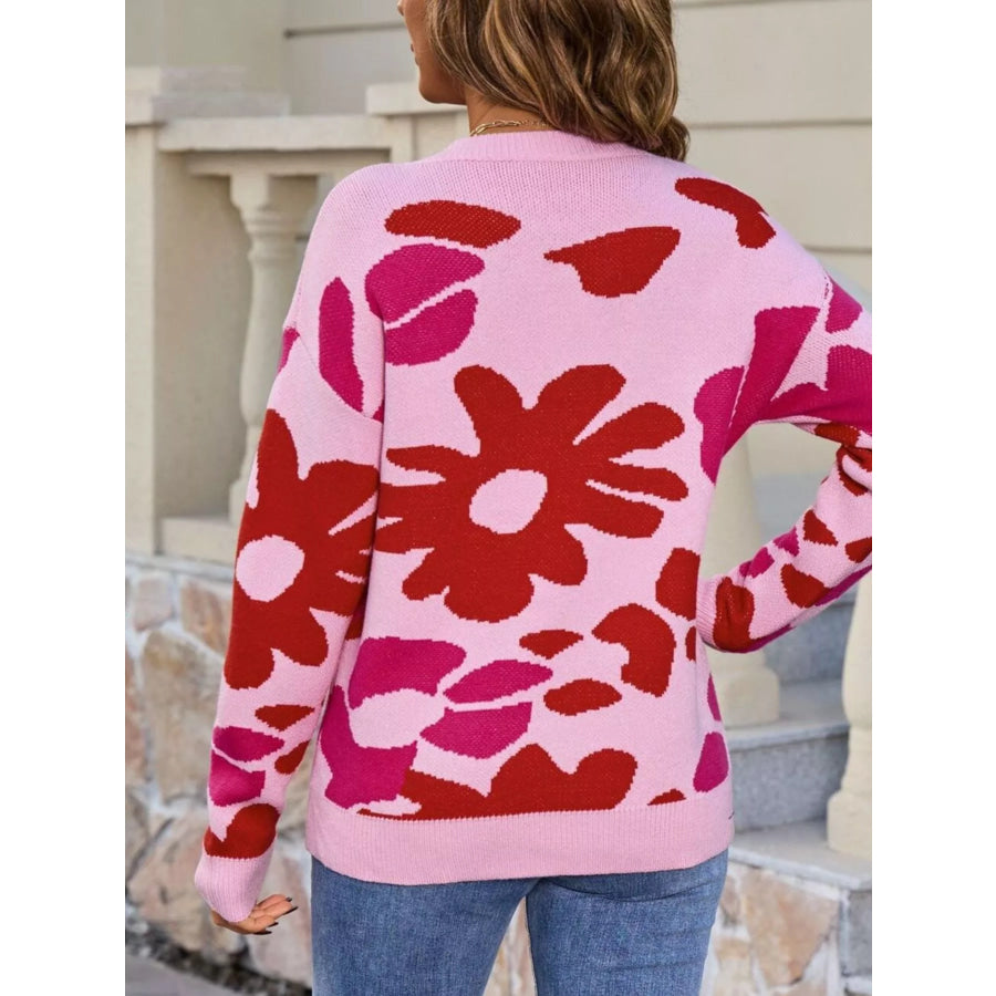 Floral Crew Neck Long Sleeve Sweater Apparel and Accessories