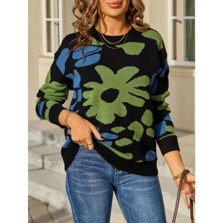 Floral Crew Neck Long Sleeve Sweater Apparel and Accessories