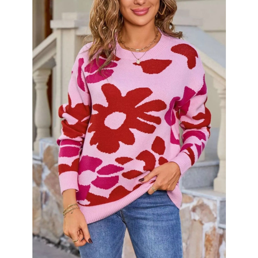 Floral Crew Neck Long Sleeve Sweater Apparel and Accessories