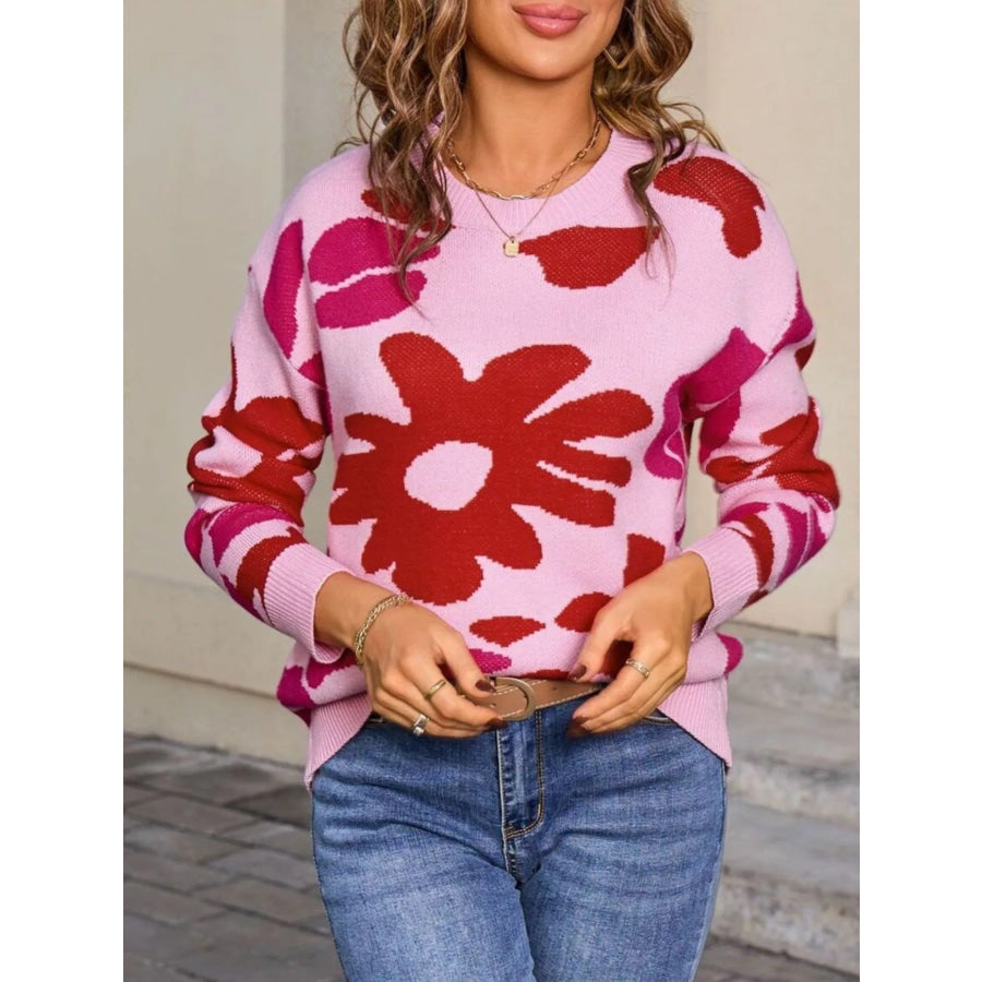 Floral Crew Neck Long Sleeve Sweater Apparel and Accessories