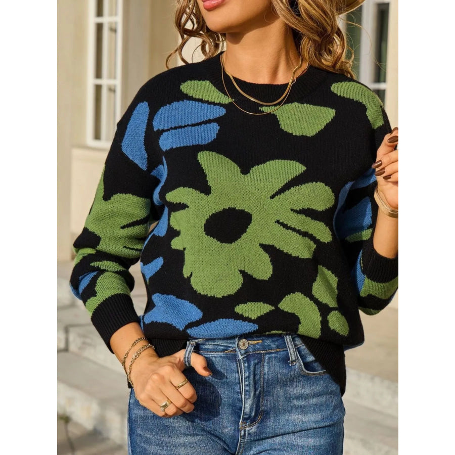 Floral Crew Neck Long Sleeve Sweater Apparel and Accessories