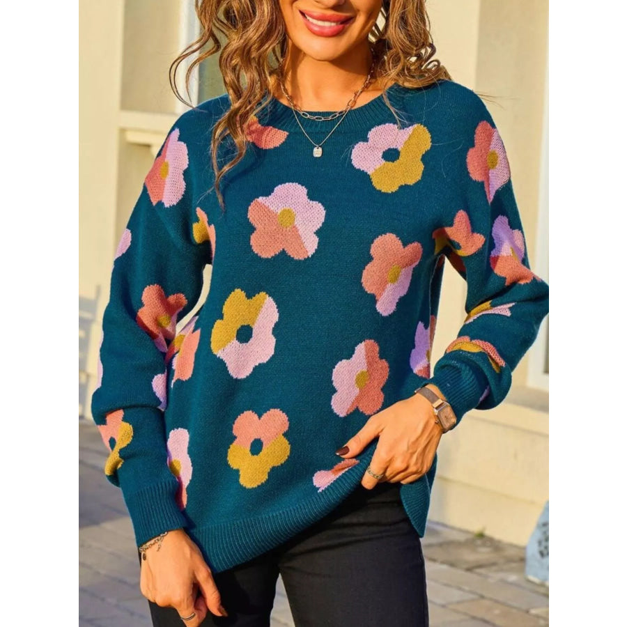 Floral Crew Neck Long Sleeve Sweater Blue / S Apparel and Accessories