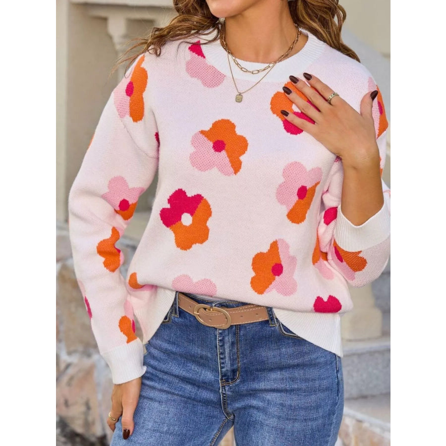 Floral Crew Neck Long Sleeve Sweater White / S Apparel and Accessories
