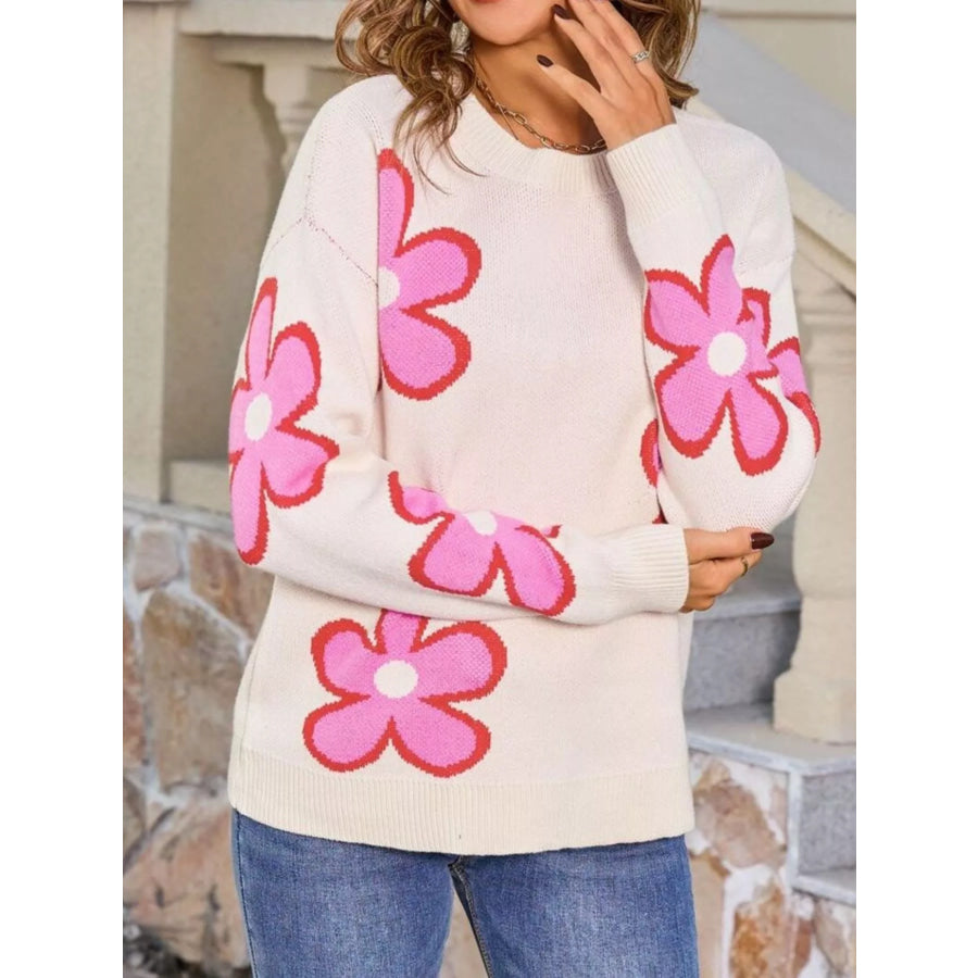 Floral Crew Neck Sweater Apparel and Accessories