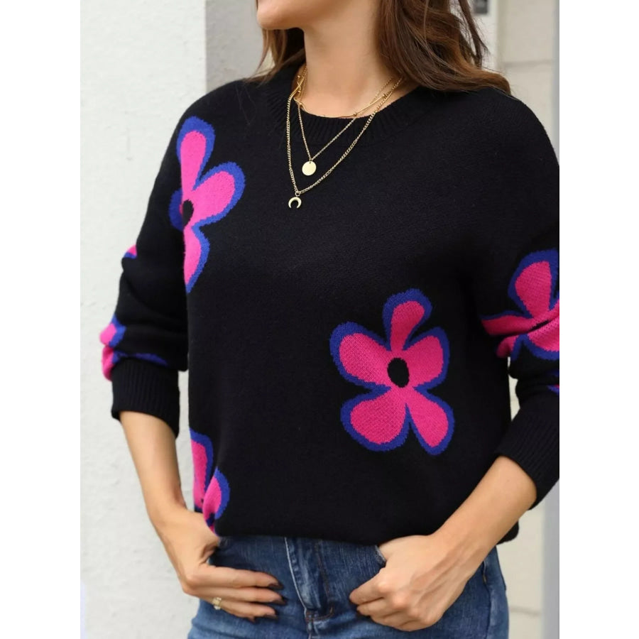 Floral Crew Neck Sweater Apparel and Accessories