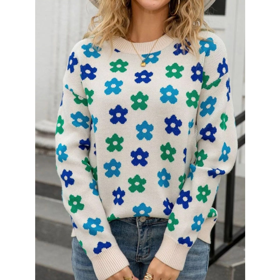 Floral Crew Neck Sweater Apricot / S Apparel and Accessories