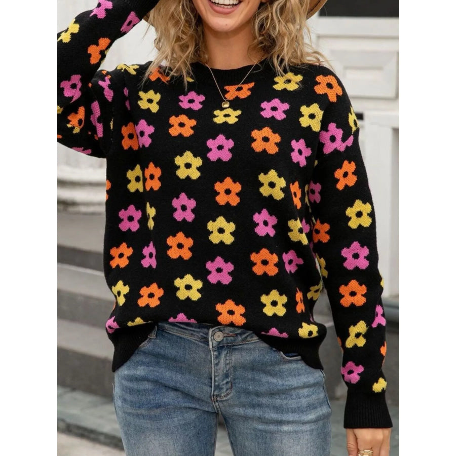Floral Crew Neck Sweater Black / S Apparel and Accessories