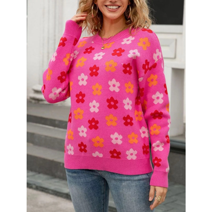 Floral Crew Neck Sweater Rose Red / S Apparel and Accessories