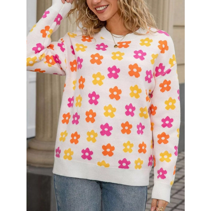 Floral Crew Neck Sweater White / S Apparel and Accessories
