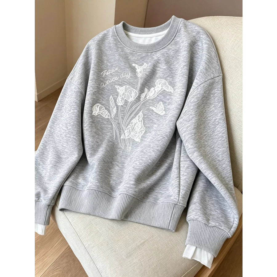 Floral Crew Neck Sweatshirt Gray / M Apparel and Accessories