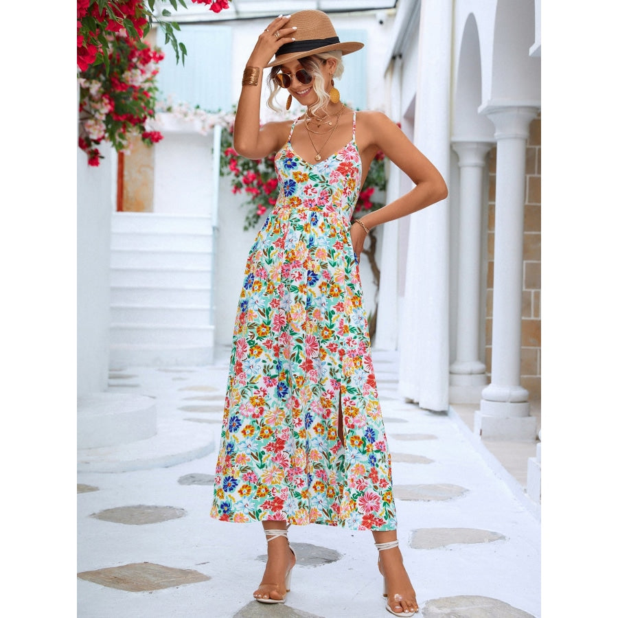 Floral Crisscross Backless Split Dress