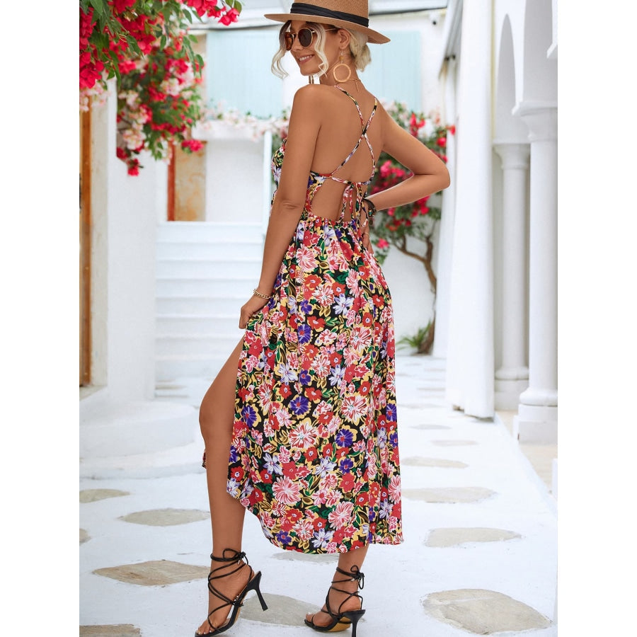 Floral Crisscross Backless Split Dress