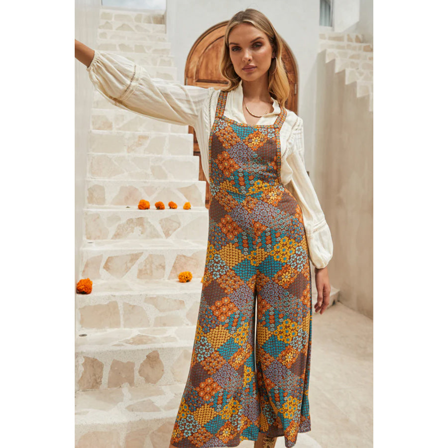 Floral Crisscross Strap Wide Leg Overalls Floral / S Apparel and Accessories
