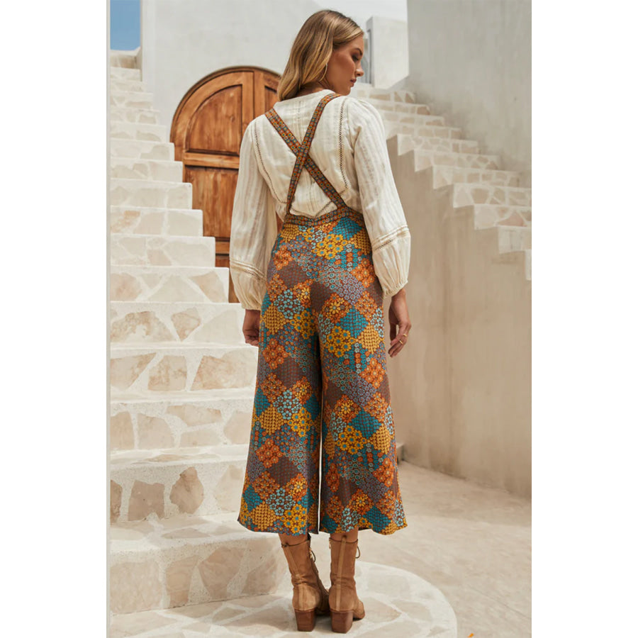 Floral Crisscross Strap Wide Leg Overalls Apparel and Accessories