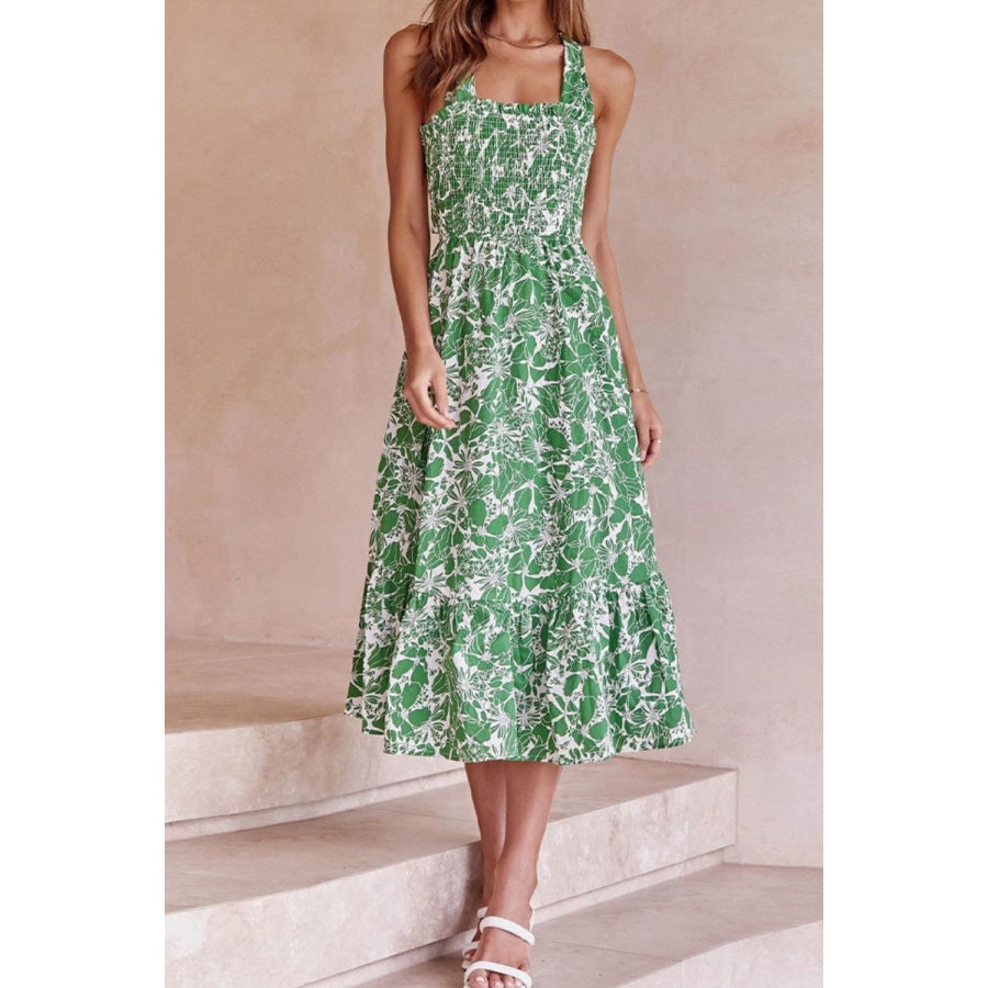 Floral Crisscross Tie Back Midi Dress Mid Green / One Size