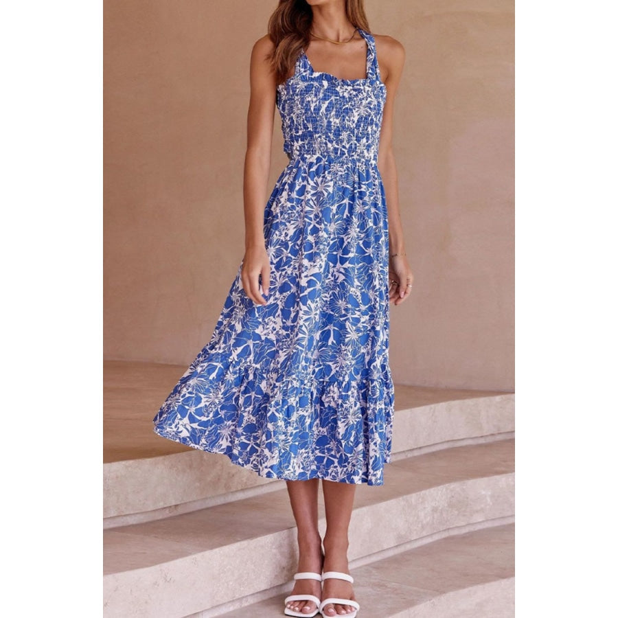 Floral Crisscross Tie Back Midi Dress Sky Blue / One Size