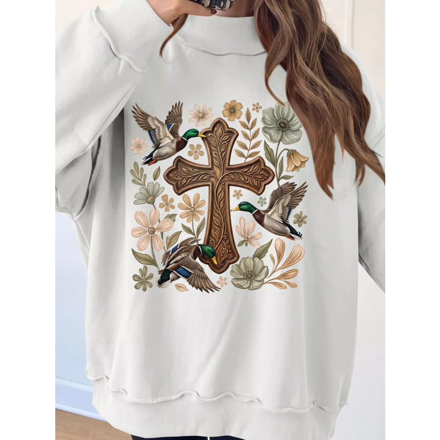 Floral Cross Printed Mock Neck Pullover Sweatshirt Apparel and Accessories