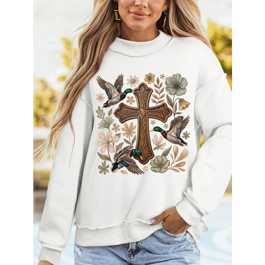 Floral Cross Printed Mock Neck Pullover Sweatshirt White / S Apparel and Accessories