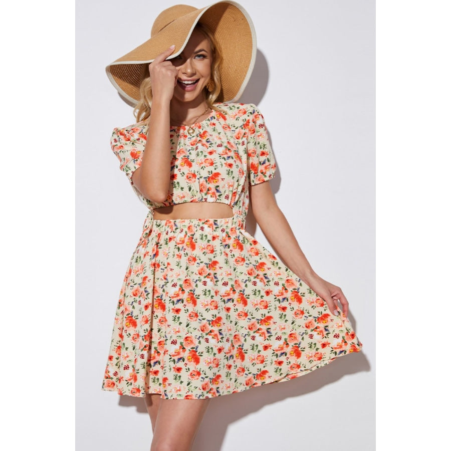 Floral Cutout Short Puff Sleeve Dress Floral / S