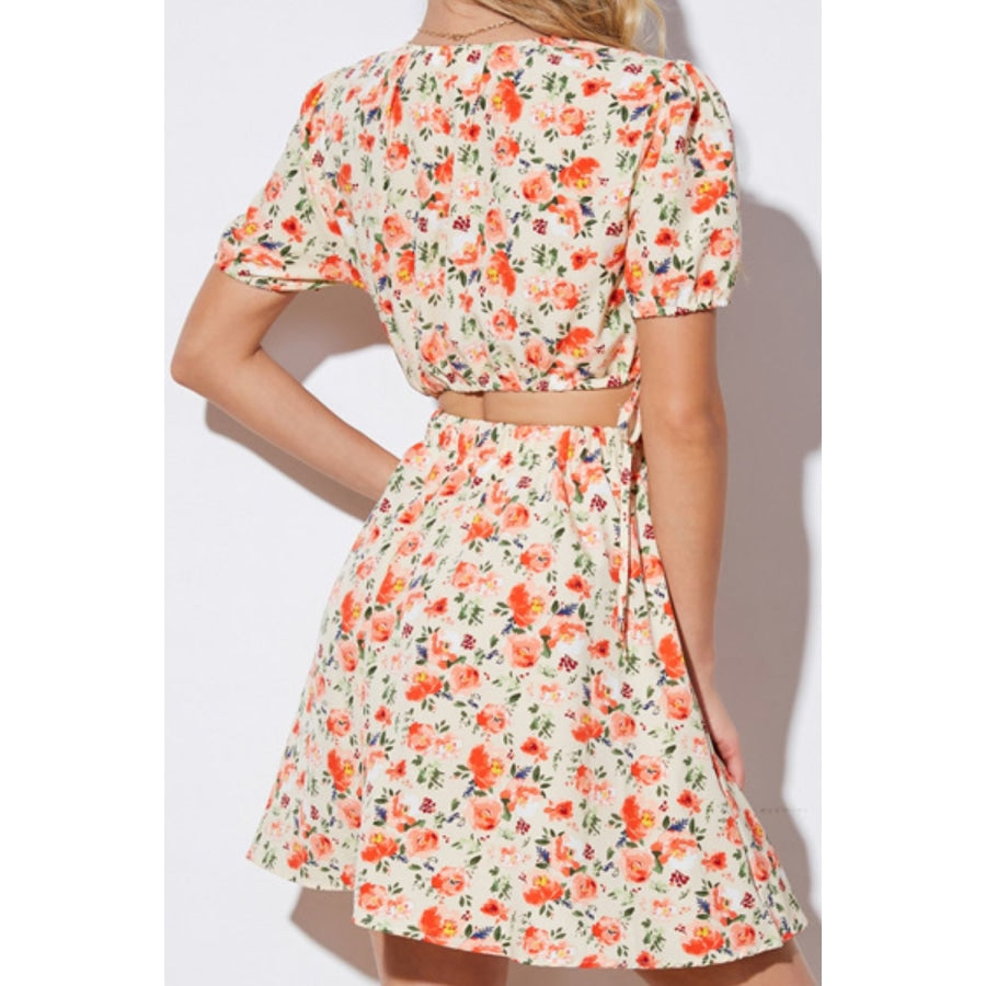 Floral Cutout Short Puff Sleeve Dress