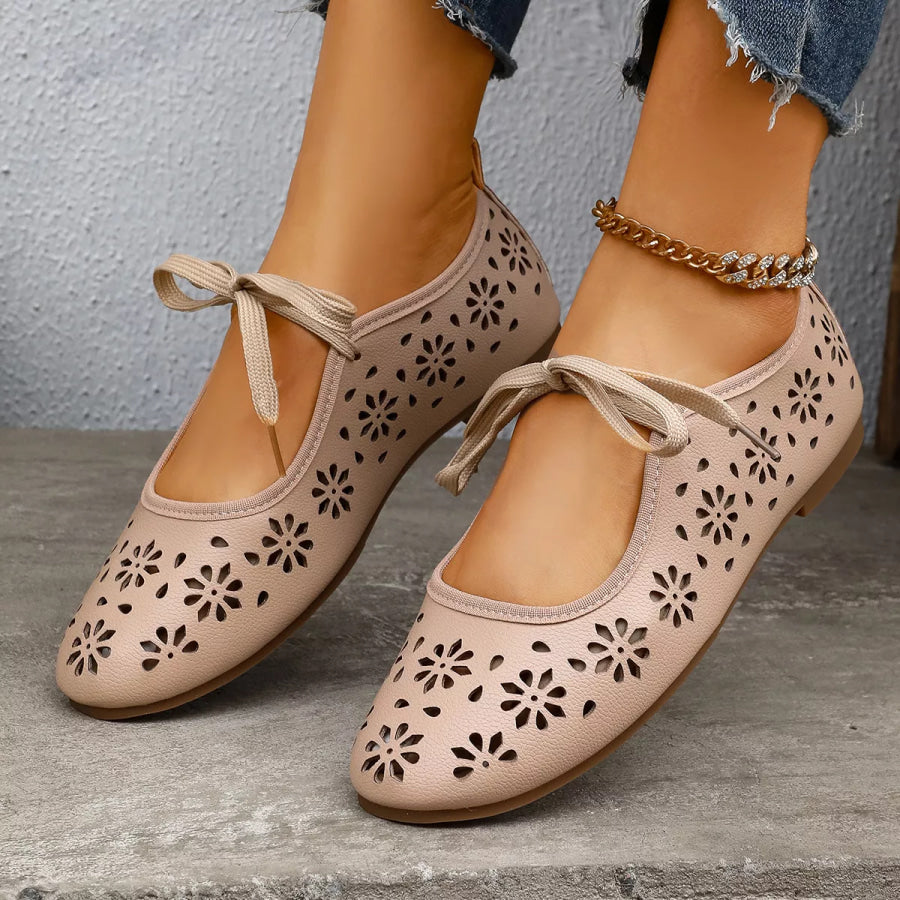 Floral Cutout Tied Slip-Ons Apricot / 35 Apparel and Accessories