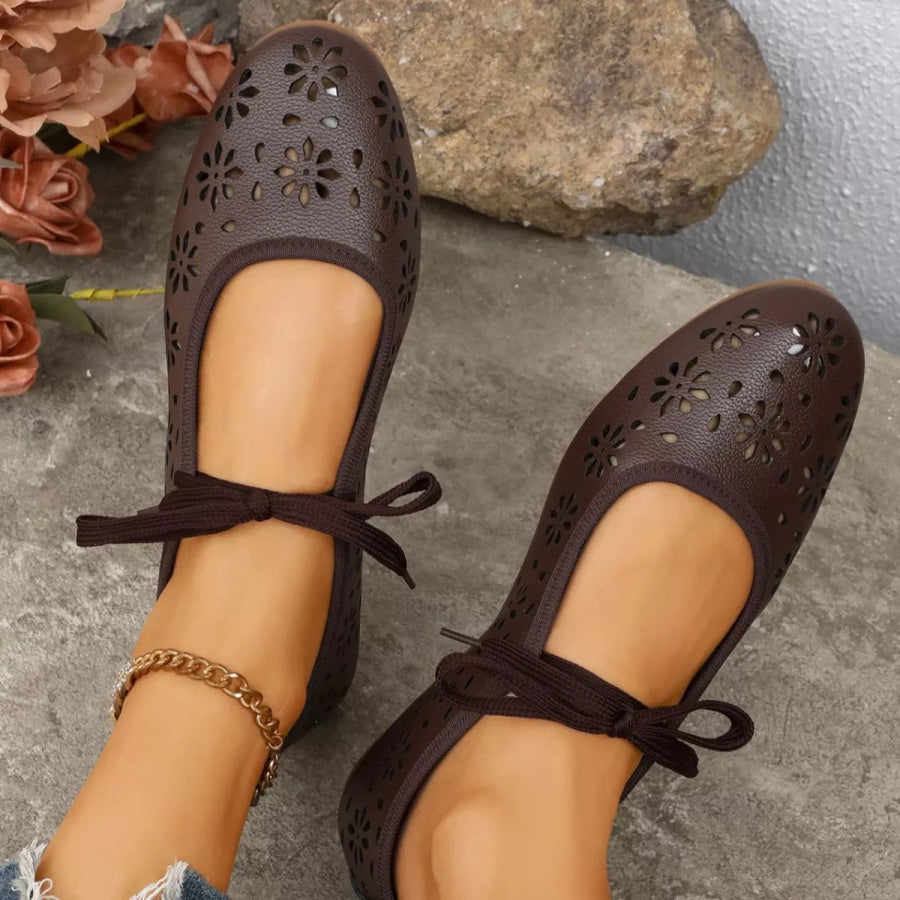 Floral Cutout Tied Slip-Ons Brown / 35 Apparel and Accessories