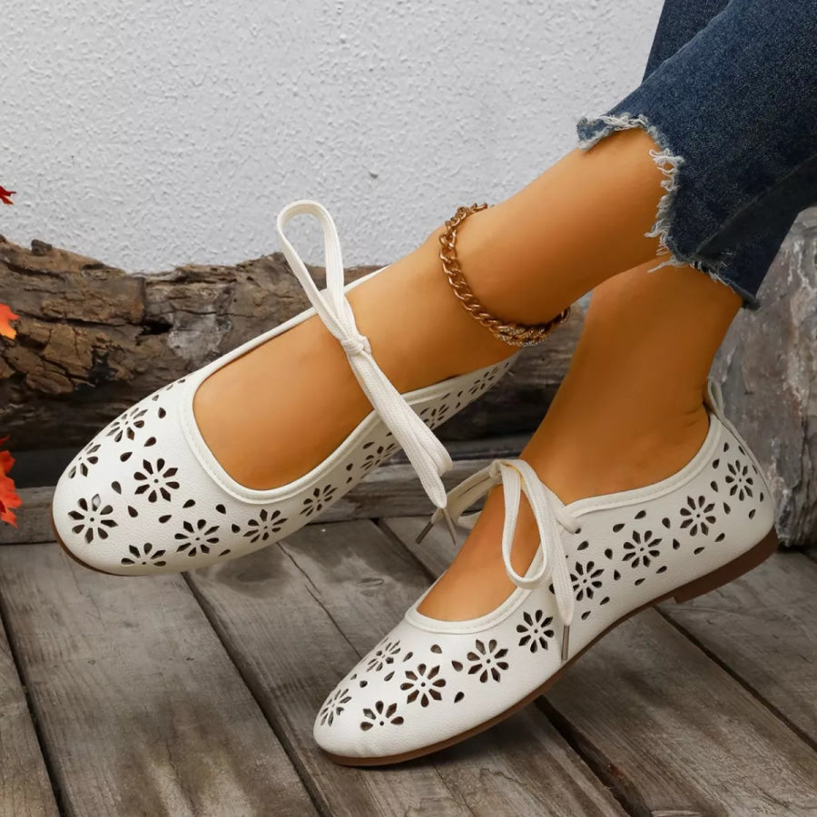 Floral Cutout Tied Slip-Ons Gray/white / 35 Apparel and Accessories