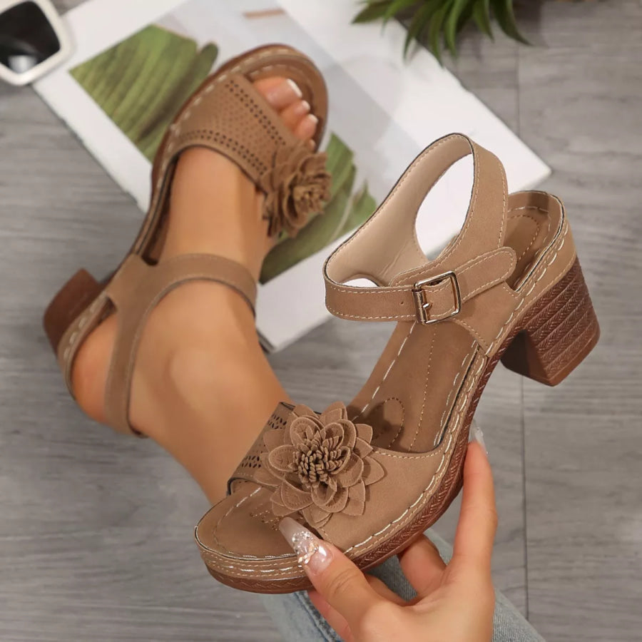Floral Decor Buckle Ankle Strap Block Heel Sandals Apparel and Accessories