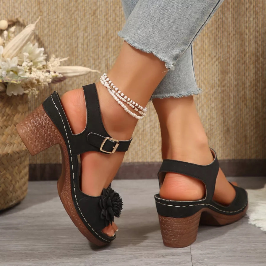 Floral Decor Buckle Ankle Strap Block Heel Sandals Apparel and Accessories