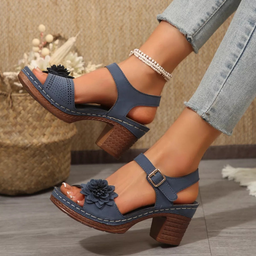 Floral Decor Buckle Ankle Strap Block Heel Sandals Apparel and Accessories