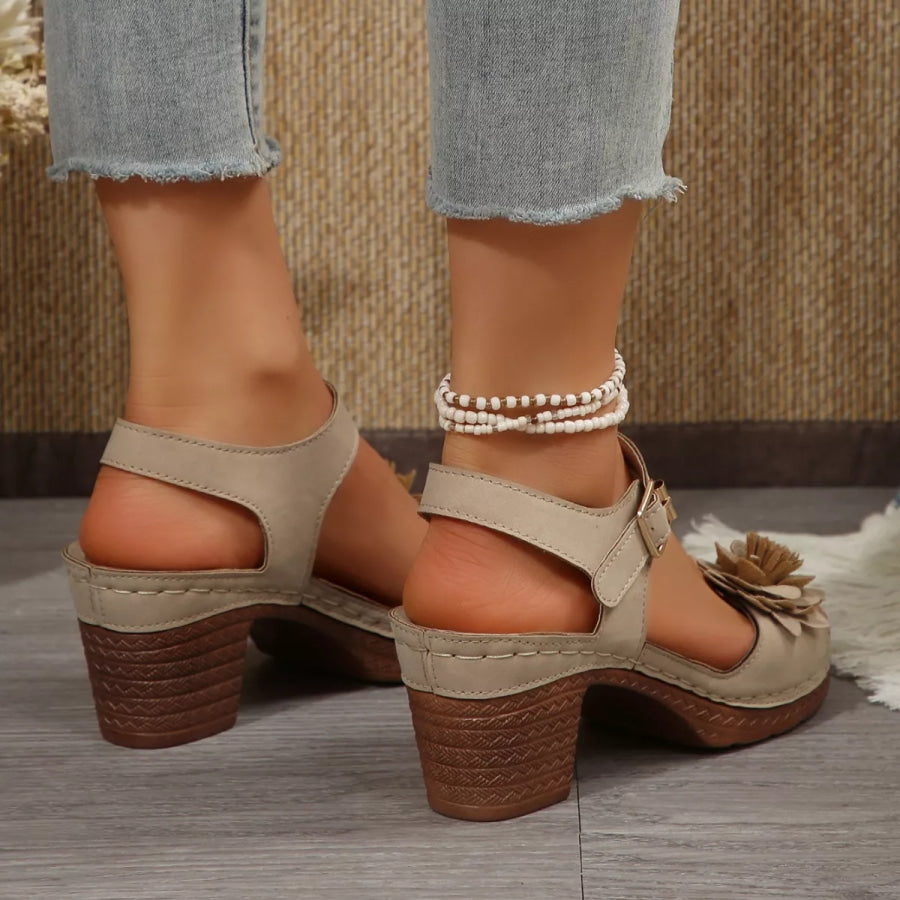 Floral Decor Buckle Ankle Strap Block Heel Sandals Apparel and Accessories