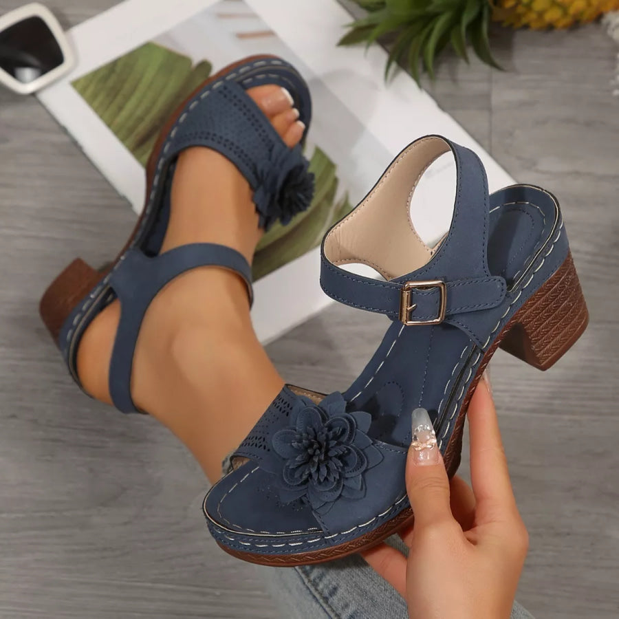 Floral Decor Buckle Ankle Strap Block Heel Sandals Apparel and Accessories