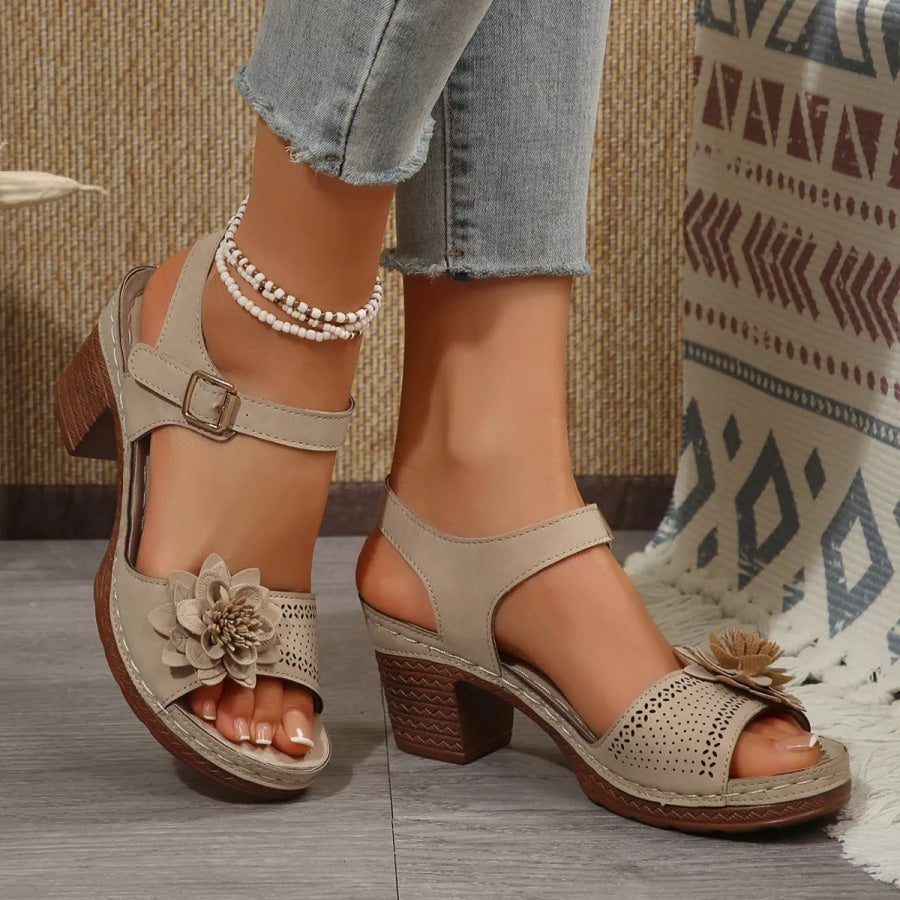 Floral Decor Buckle Ankle Strap Block Heel Sandals Apparel and Accessories