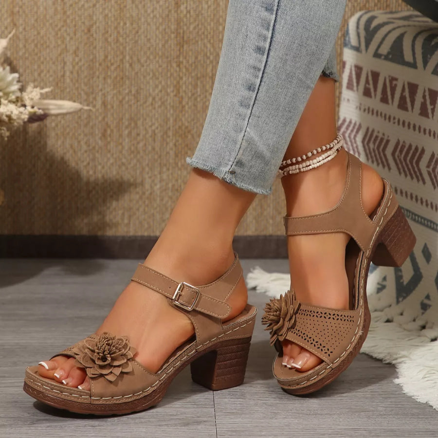 Floral Decor Buckle Ankle Strap Block Heel Sandals Apparel and Accessories