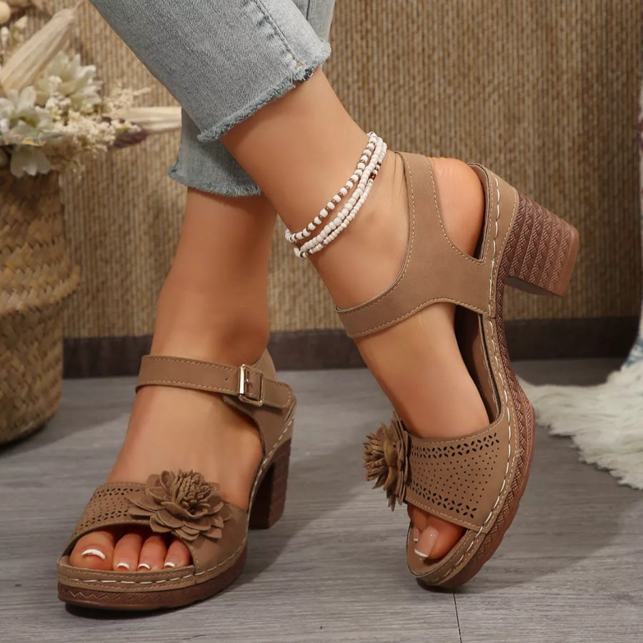 Floral Decor Buckle Ankle Strap Block Heel Sandals Apparel and Accessories