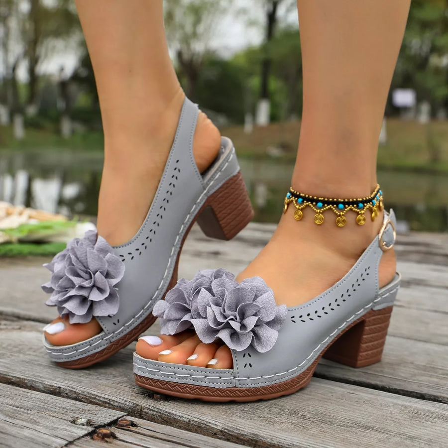 Floral Decor Chunky Heel Sandals Blue / 36 Apparel and Accessories