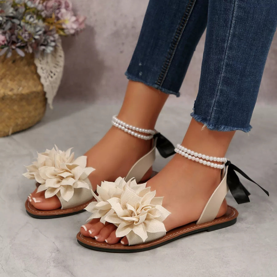 Floral Decor Flat Sandals Beige / 36 Apparel and Accessories