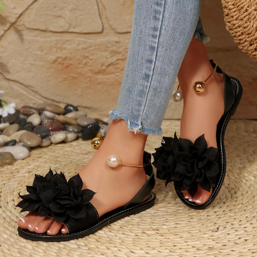 Floral Decor Flat Sandals Black / 36 Apparel and Accessories
