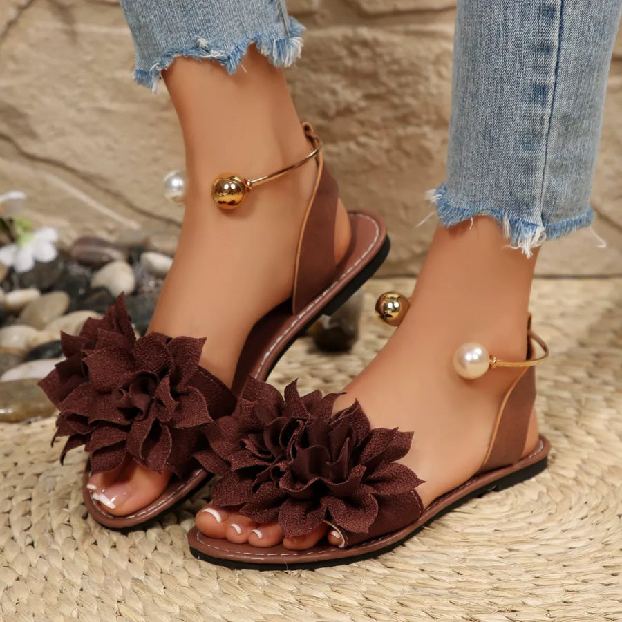 Floral Decor Flat Sandals Brown / 36 Apparel and Accessories